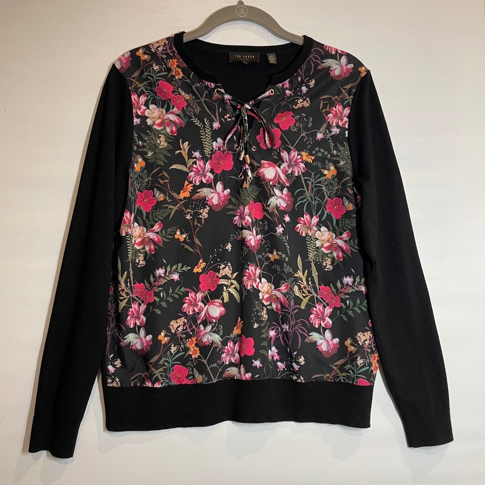 Ted Baker Dark Floral Lace Up Front Top Knit Long Sleeve Fairy Grunge size US 8